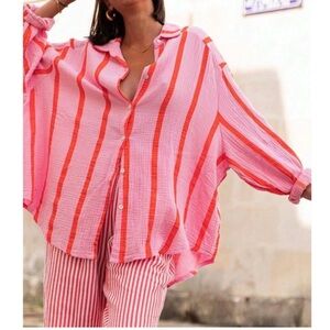 Rouge! Vibrant Pink and Red Striped Button-Down Shirt